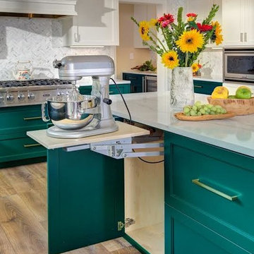 Transitional Kitchen- green and white cabinets