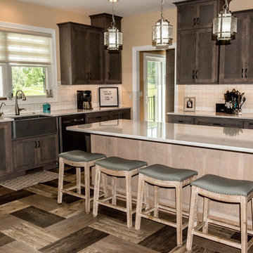 Transitional Kitchen in Grey with patterned floor