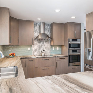 Design ideas for a small transitional u-shaped open plan kitchen in San Francisco with a double-bowl sink, flat-panel cabinets, grey cabinets, marble benchtops, blue splashback, glass tile splashback, stainless steel appliances, ceramic floors and a peninsula.