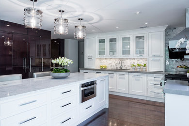 Example of a large transitional galley dark wood floor eat-in kitchen design in Philadelphia with an undermount sink, recessed-panel cabinets, white cabinets, white backsplash, an island, quartzite countertops, ceramic backsplash and paneled appliances