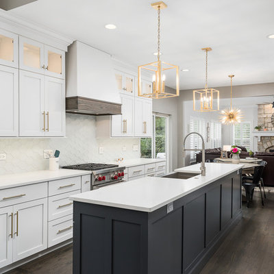 Inspiration for a mid-sized transitional galley dark wood floor and brown floor open concept kitchen remodel in Chicago with white cabinets, quartz countertops, white backsplash, stainless steel appliances, an island, white countertops, a farmhouse sink, shaker cabinets and glass tile backsplash