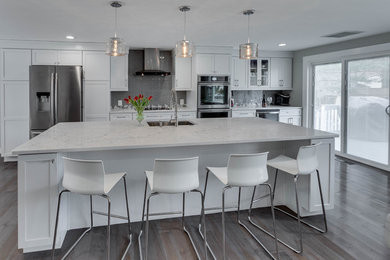 Mid-sized transitional galley eat-in kitchen photo in DC Metro with a farmhouse sink, shaker cabinets, white cabinets, quartz countertops, stainless steel appliances and an island