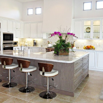 Transitional Kitchen - White and Gray Cabinetry, White Carrera Marble Countertop