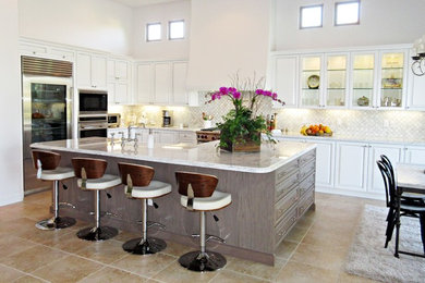 Transitional Kitchen - White and Gray Cabinetry, White Carrera Marble Countertop