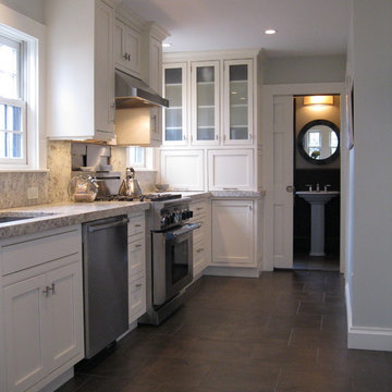Transitional kitchen with custom cabinets & powder room with marble floor