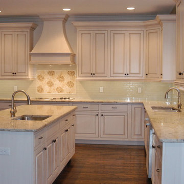 transitional kitchen with glass backsplash and mural