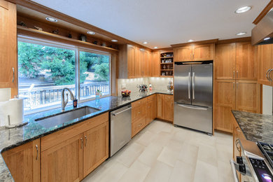 Transitional Kitchen with Natural Wood Cabinets