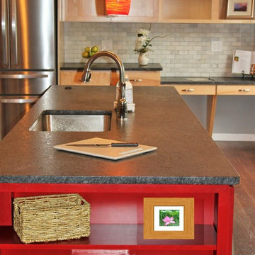 Transitional Kitchen with Red Island