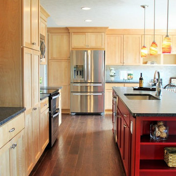 Transitional Kitchen with Red Island