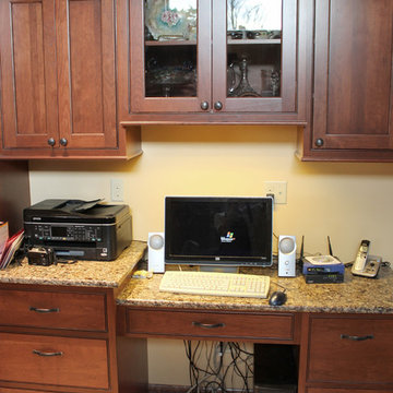 Transitional Kitchen with Wood Ceiling & Desk Area