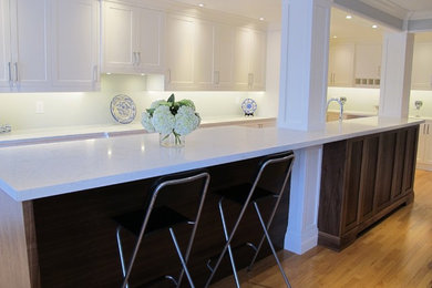Large transitional galley light wood floor eat-in kitchen photo in Toronto with an undermount sink, shaker cabinets, white cabinets, quartzite countertops, stainless steel appliances and an island