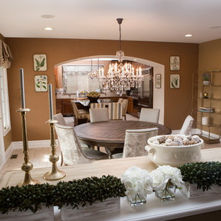Inspiration for a mid-sized transitional u-shaped eat-in kitchen in Philadelphia with a drop-in sink, flat-panel cabinets, medium wood cabinets, zinc benchtops, beige splashback, terra-cotta splashback, stainless steel appliances, marble floors and with island.