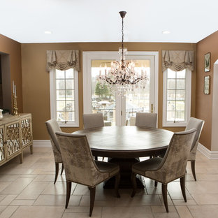 Inspiration for a mid-sized transitional u-shaped eat-in kitchen in Philadelphia with a drop-in sink, flat-panel cabinets, medium wood cabinets, zinc benchtops, beige splashback, terra-cotta splashback, stainless steel appliances, marble floors and with island.