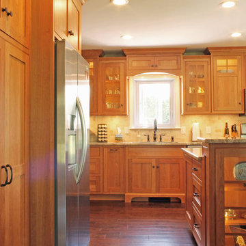 Transitional Natural Cherry Kitchen with Double-tiered Island