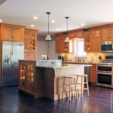 Transitional Natural Cherry Kitchen with Double-tiered Island