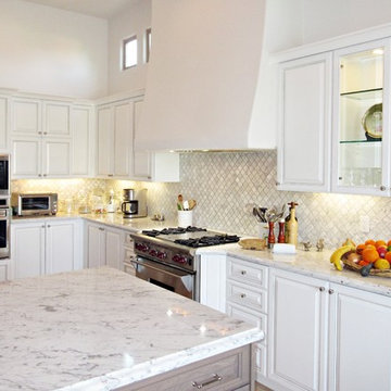 Transitional - Painted White Cabinets, Glass Doors, Carrera, Island Drawers