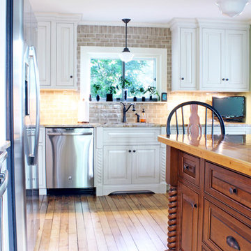Transitional White & Brown Kitchen with Island