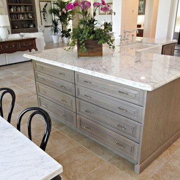 Transitional - White Carrera Marble on Gray Stained Island, Large Drawers