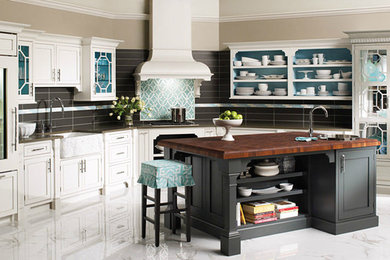 Transitional White Inset Cabinets - Black Island