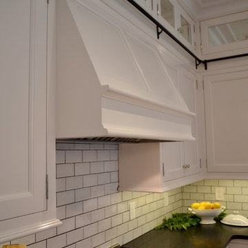 Transitional White Kitchen with White Range Hood and White Tile Backsplash