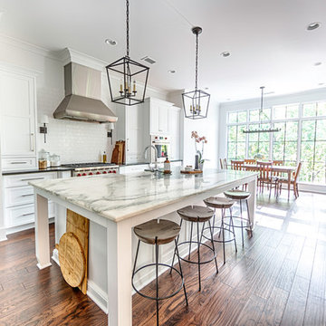 Transitional White Marble Kitchen | Waterfall