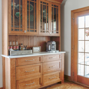 Transitional Wood Kitchen with Metal Hood and Transitional Bathroom