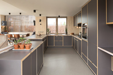 Inspiration for a medium sized contemporary u-shaped kitchen/diner in London with a submerged sink, flat-panel cabinets, grey cabinets, vinyl flooring, grey floors, stainless steel appliances and a breakfast bar.