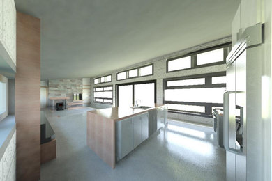 Diseño de cocina de tamaño medio abierta con encimera de madera, suelo de cemento, una isla y suelo gris