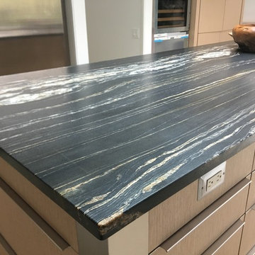 Tropical Storm Leathered Granite and Double Diamond Quartz Kitchen Countertops