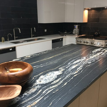 Tropical Storm Leathered Granite and Double Diamond Quartz Kitchen Countertops