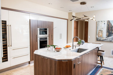 Inspiration for a mid-sized contemporary eat-in kitchen remodel in Phoenix with flat-panel cabinets, medium tone wood cabinets, marble countertops and an island