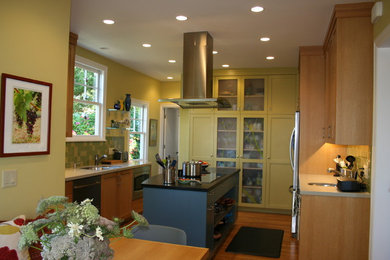 Light wood floor kitchen photo in San Francisco with green cabinets and stainless steel appliances