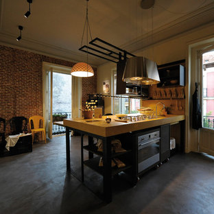 Design ideas for a mid-sized industrial single-wall open plan kitchen in Other with an integrated sink, open cabinets, dark wood cabinets, limestone benchtops, stainless steel appliances, concrete floors and with island.