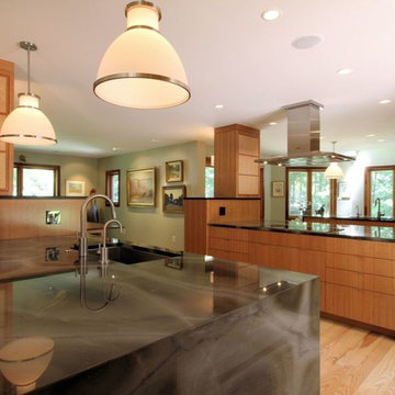 Two Large Island Kitchen, Modern Design with Waterfall Granite Counters
