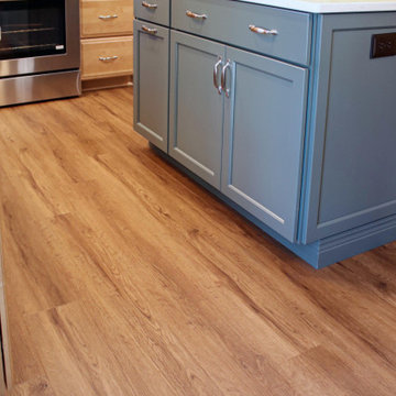 Two Tone Kitchen w/ Eucalyptus Green Island, Beige Quartz Countertops, Wine Bar