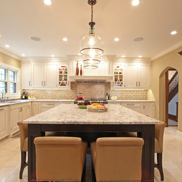 Two Tone Kitchen with White Glazed Cabinets and Dark Stained Maple Island and Re