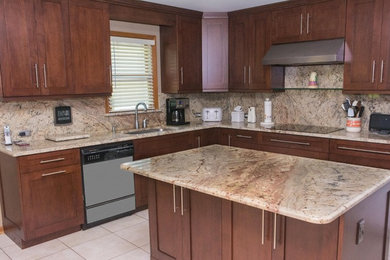 Example of a mid-sized transitional l-shaped ceramic tile open concept kitchen design in Atlanta with an undermount sink, shaker cabinets, medium tone wood cabinets, granite countertops, multicolored backsplash, stainless steel appliances and an island