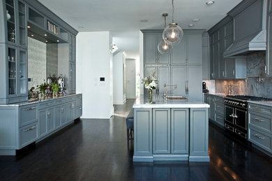 Example of a large minimalist u-shaped dark wood floor eat-in kitchen design in Chicago with shaker cabinets, gray cabinets, quartzite countertops and an island