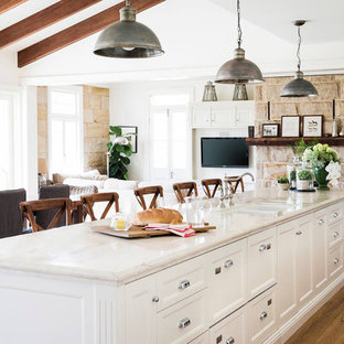 Foto de cocina de galera, de estilo de casa de campo, abierta, con fregadero de doble seno, armarios con paneles empotrados, puertas de armario blancas, suelo de madera en tonos medios y una isla