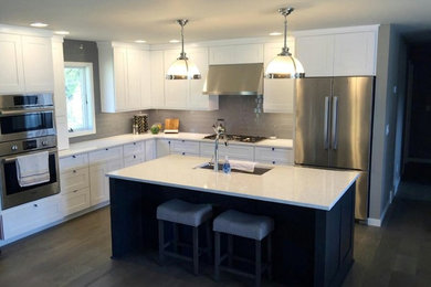 Mid-sized transitional l-shaped dark wood floor open concept kitchen photo in Other with a double-bowl sink, shaker cabinets, white cabinets, gray backsplash, stainless steel appliances, an island and subway tile backsplash