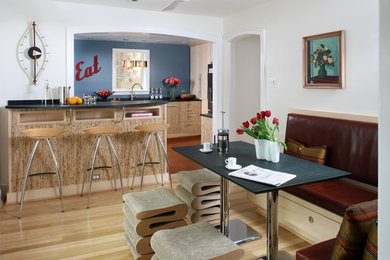 Example of a small trendy u-shaped light wood floor and beige floor eat-in kitchen design in Other with an undermount sink, flat-panel cabinets, light wood cabinets, blue backsplash, stainless steel appliances and a peninsula