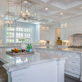 Mid-sized contemporary u-shaped separate kitchen in Other with an undermount sink, shaker cabinets, white cabinets, granite benchtops, multi-coloured splashback, subway tile splashback, stainless steel appliances, dark hardwood floors and multiple islands.