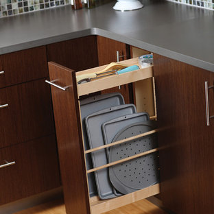 Design ideas for a large contemporary l-shaped eat-in kitchen in Minneapolis with an undermount sink, flat-panel cabinets, medium wood cabinets, quartzite benchtops, multi-coloured splashback, mosaic tile splashback, stainless steel appliances, light hardwood floors and with island.