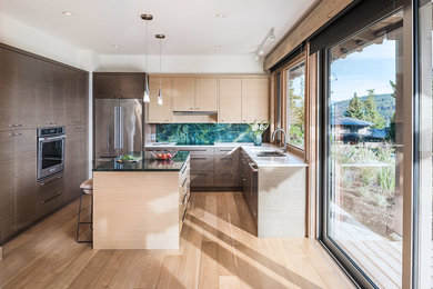 Example of a mid-sized trendy u-shaped light wood floor and beige floor eat-in kitchen design in Vancouver with a double-bowl sink and an island