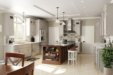 Kitchen in Other with flat-panel cabinets, grey cabinets and an island.