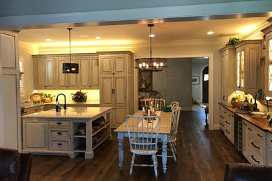 Inspiration for a large country u-shaped dark wood floor eat-in kitchen remodel in Atlanta with a farmhouse sink, raised-panel cabinets, distressed cabinets and an island