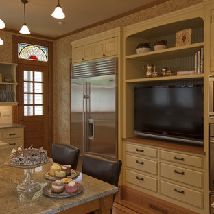 Inspiration for a victorian kitchen in Boston with beaded inset cabinets, stainless steel appliances, subway tile splashback and granite benchtops.