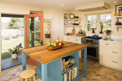 ワシントンD.C.にある高級な中くらいなカントリー風のおしゃれなアイランドキッチン (エプロンフロントシンク、落し込みパネル扉のキャビネット、青いキャビネット、木材カウンター、シルバーの調理設備、レンガの床) の写真