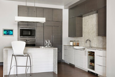 Mid-sized trendy l-shaped eat-in kitchen photo in St Louis with gray cabinets, granite countertops, gray backsplash, stainless steel appliances and an island