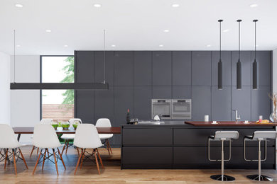 Ejemplo de cocina comedor lineal minimalista extra grande con armarios con paneles lisos, puertas de armario grises y una isla